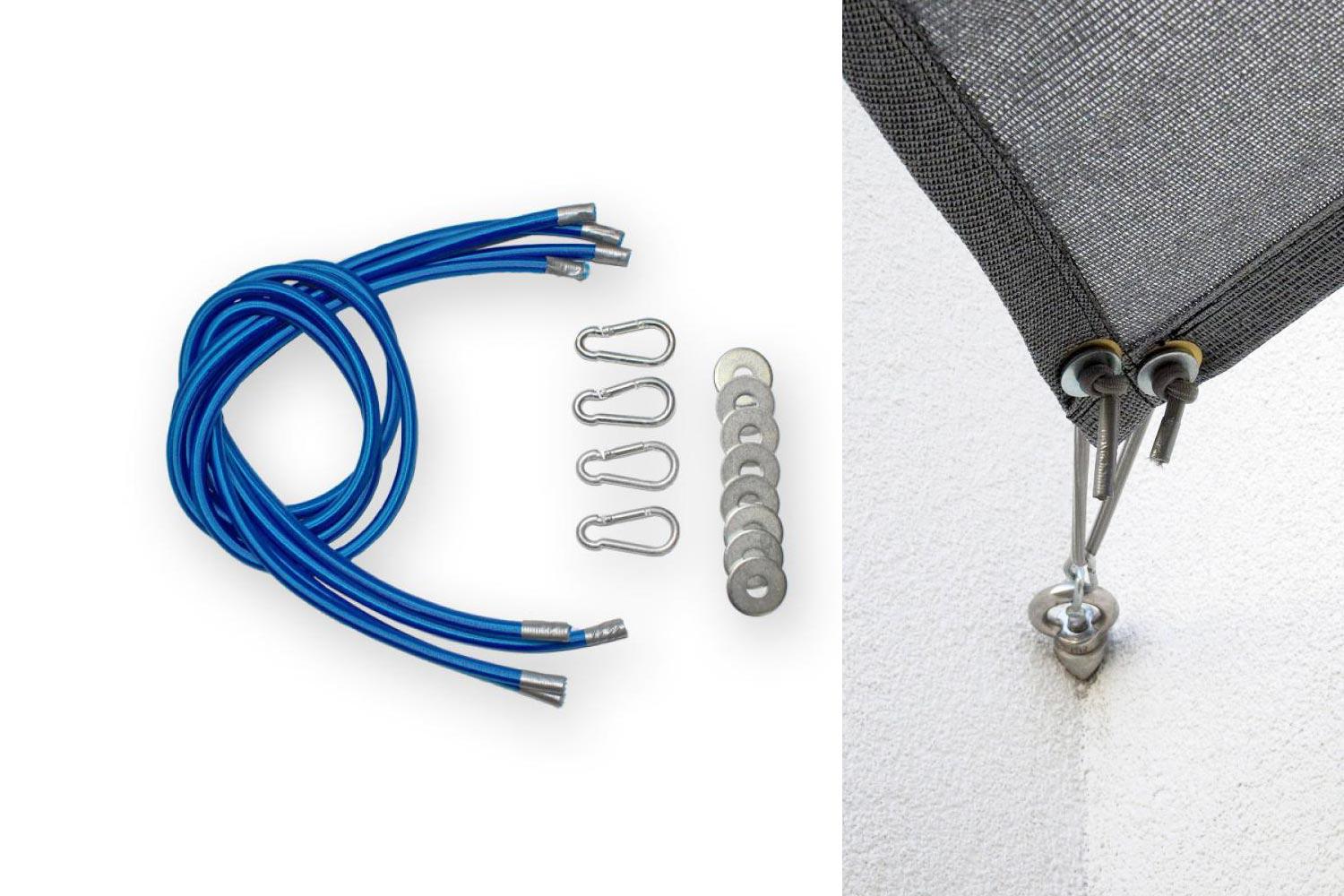 4-pack rubber rope Carabiners and washers blue
