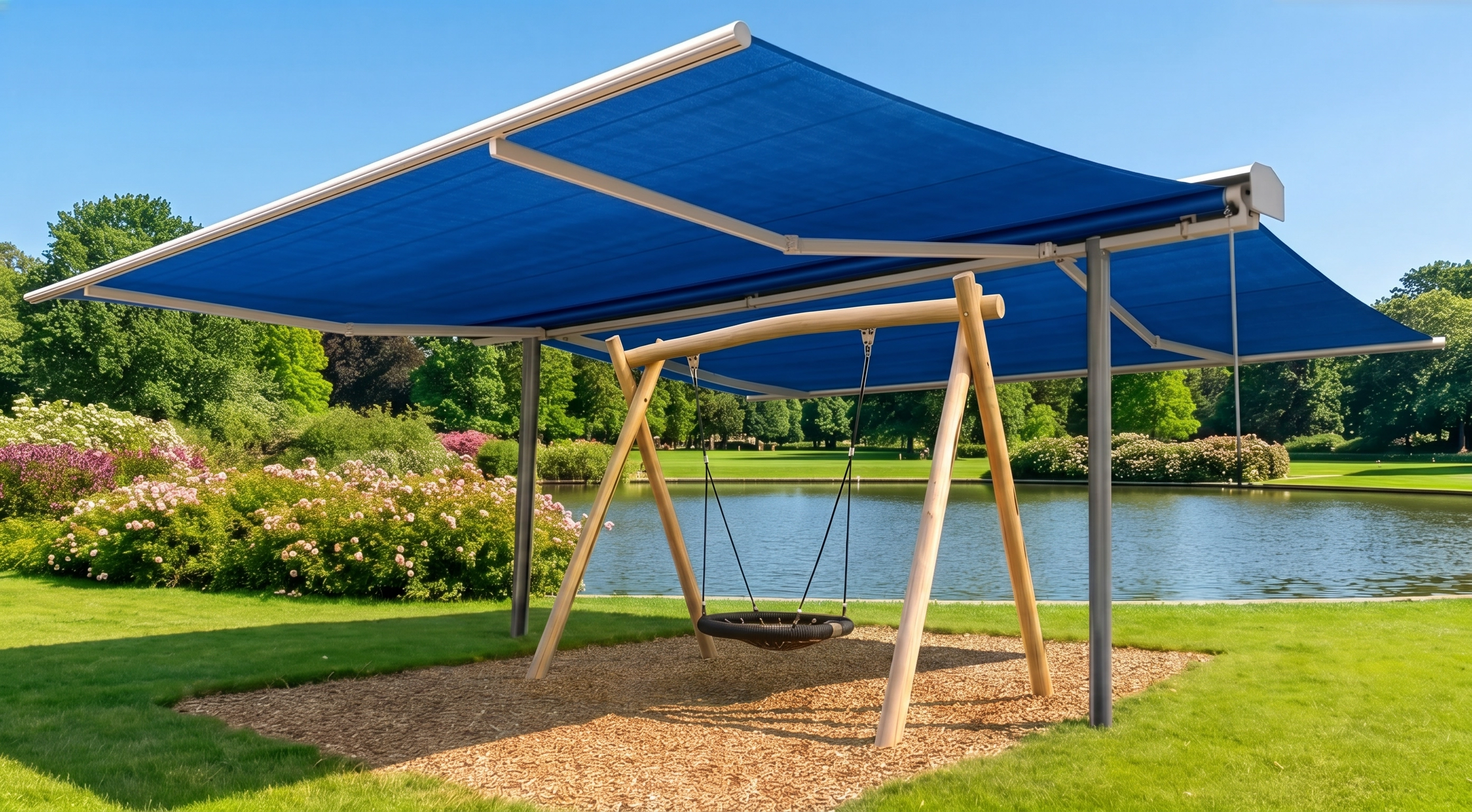 Freistehende Markise ROFI Roll On in strahlendem Blau mit Schaukel in einem schönen Garten am See. Hochwertiger Sonnenschutz made in Germany.