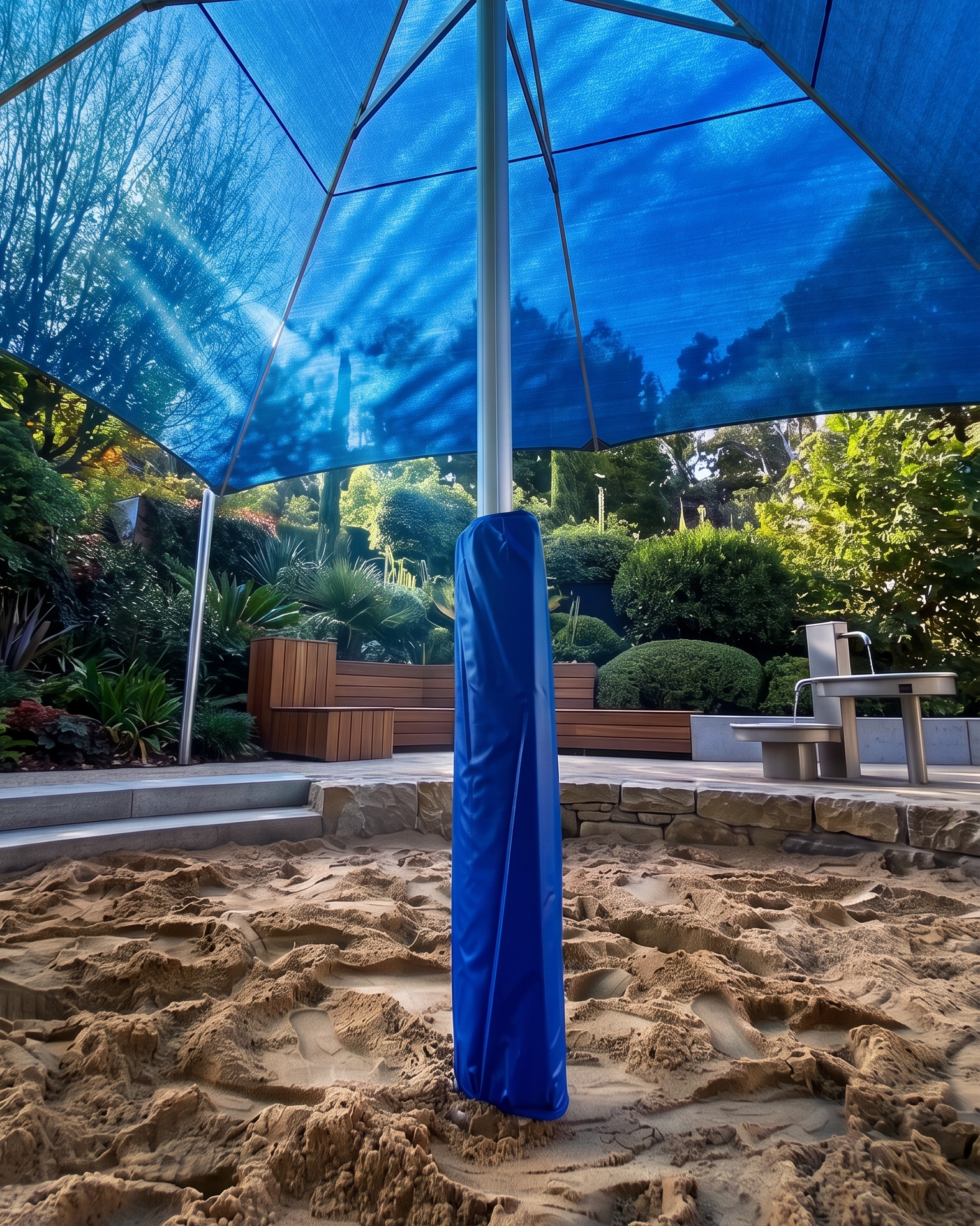 Blauer Prallschutzpolster umhüllt die Metallstange eines großen blauen Sonnensegels in einem Sandkasten. Im Hintergrund moderne Holz-Sitzbänke, ein Trinkbrunnen und üppige Gartenbepflanzung.