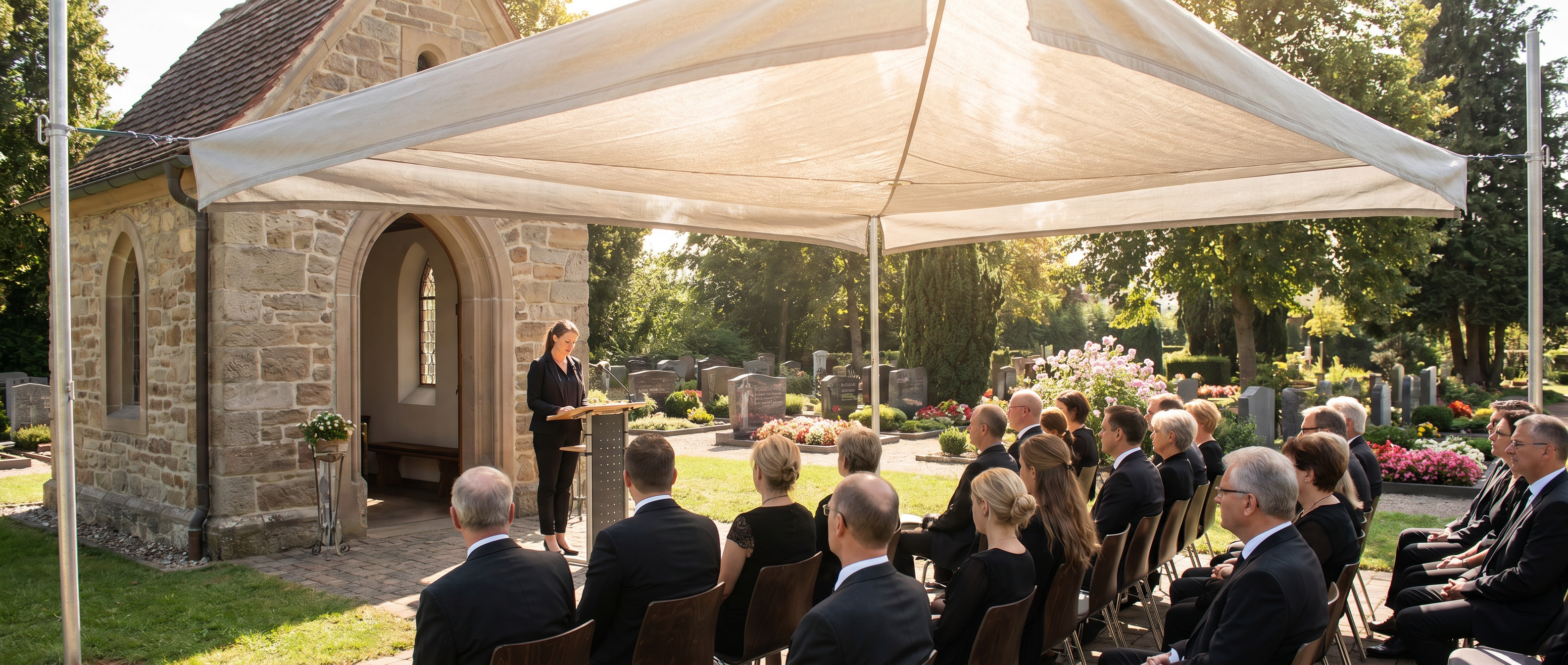 Sonnensegel für eine Trauerfeier auf dem Friedhof