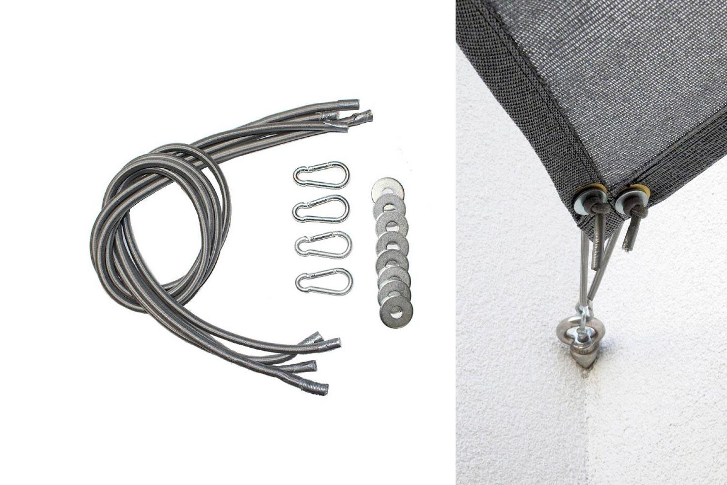 4-pack rubber rope Carabiners and washers grey