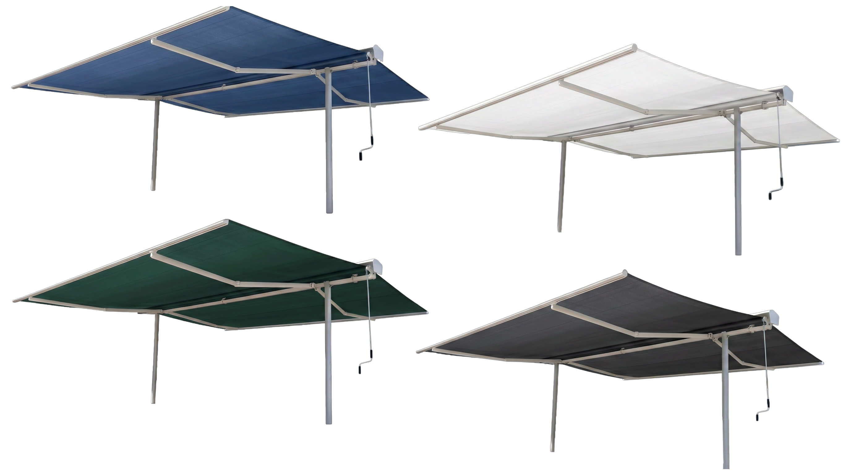Übersicht der verfügbaren Markisen-Farben: Blau, Weiß, Grün und Terracotta. Hochwertige Sonnenschutz-Markisen in verschiedenen Farbtönen.