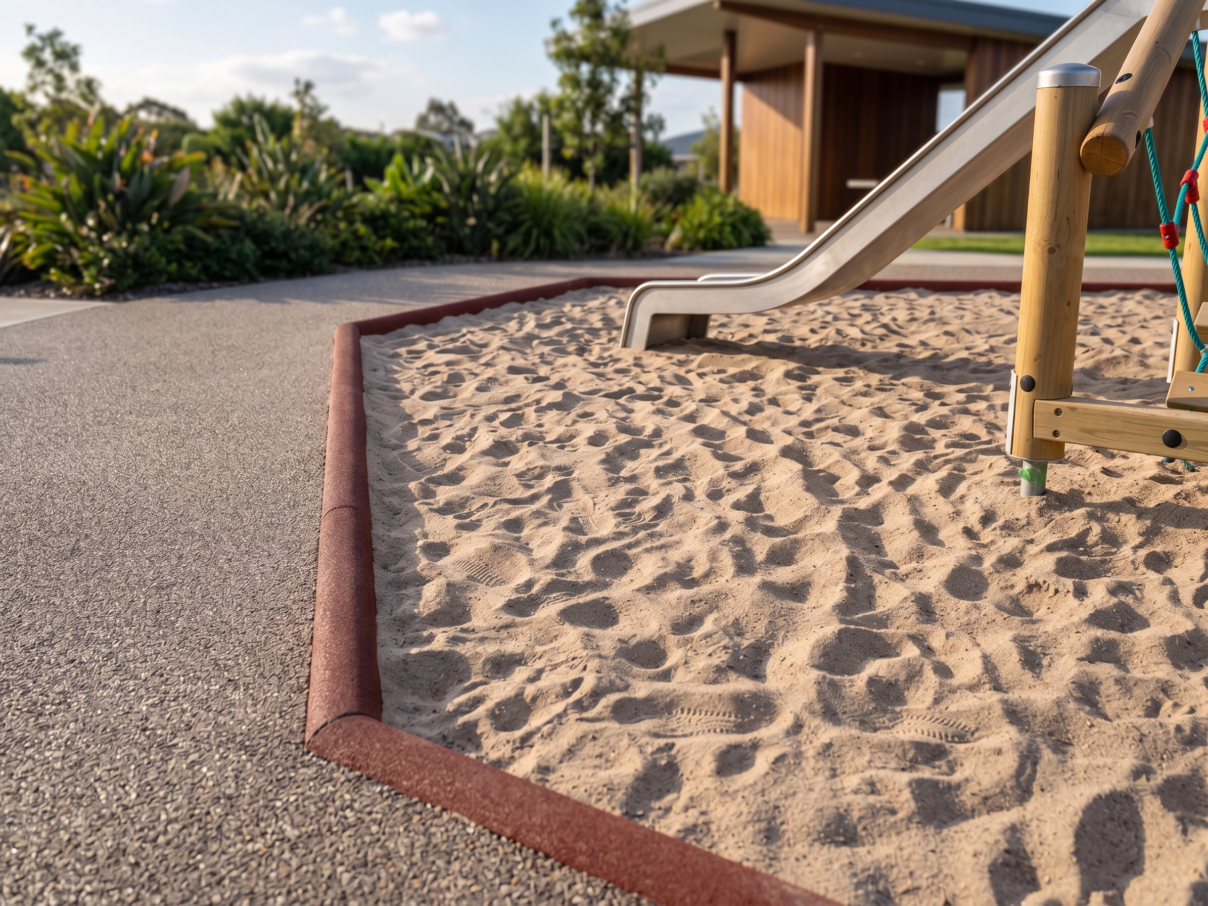 Nahaufnahme einer roten, abgerundeten Gummi-Einfassung eines Sandkastens auf einem modernen Spielplatz. Der Sand ist mit Fußspuren versehen, daneben eine Metallrutsche und ein Holzspielgerät. Im Hintergrund moderne Gebäude und Grünflächen.